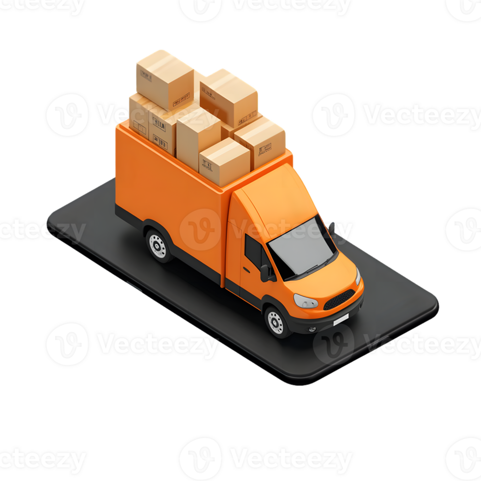 Stylized delivery van loaded with packages positioned on a smartphone representing modern logistics and e-commerce solutions providing fast and efficient services png