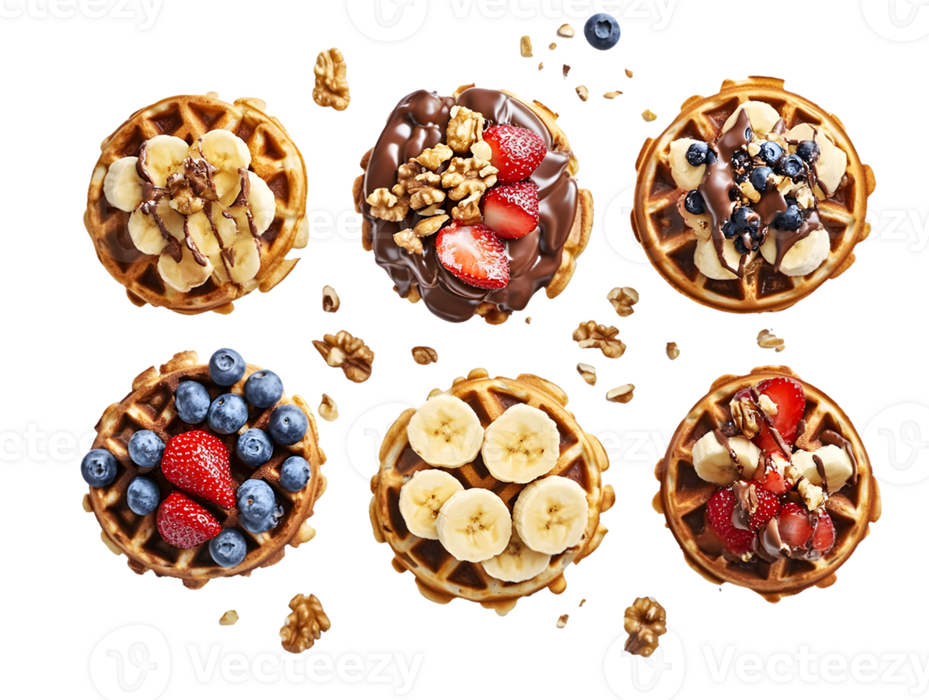 Colorful arrangement of delectable waffles topped with fresh fruits and rich chocolate drizzle on a dark background for an appetizing dessert display png