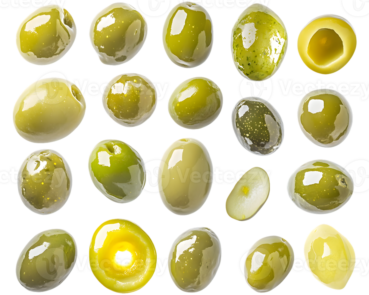 Collection of glossy green olives in various shapes and orientations showcasing their rich textures and natural variations in color and size png