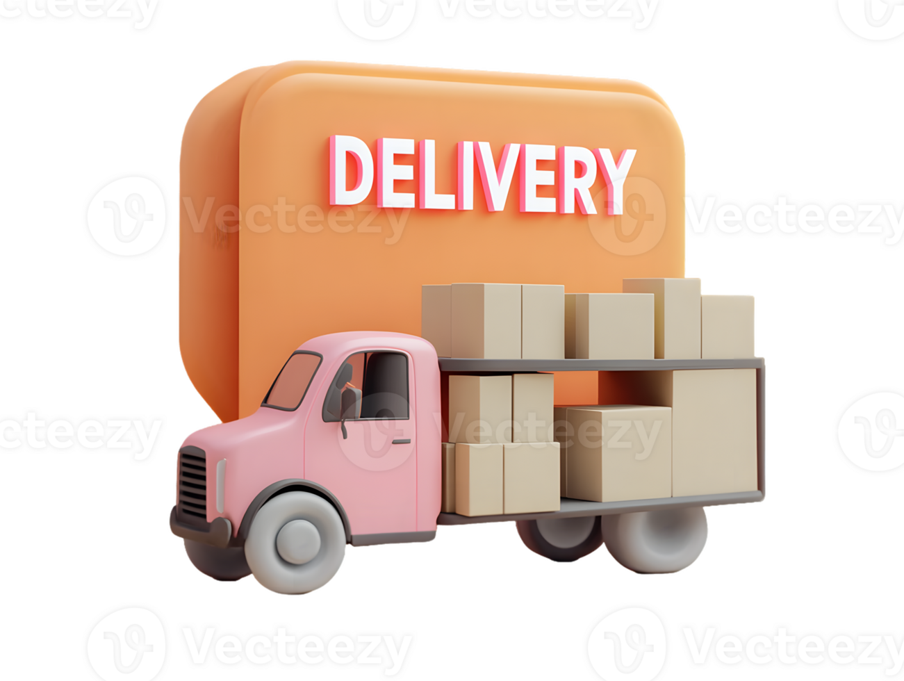 Stylized delivery truck parked near large orange delivery case loaded with cardboard boxes showcasing the logistics and transport theme in a cheerful setting png