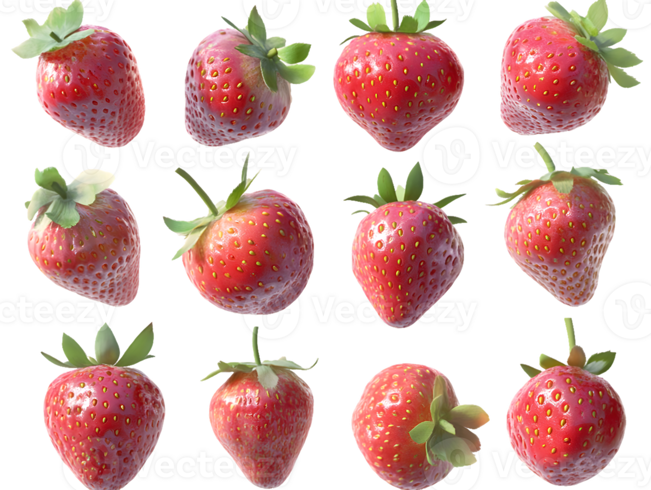 Collection of fresh vibrant strawberries arranged in a grid showcasing their juicy texture and bright red color with green leaves highlighting their ripe quality png