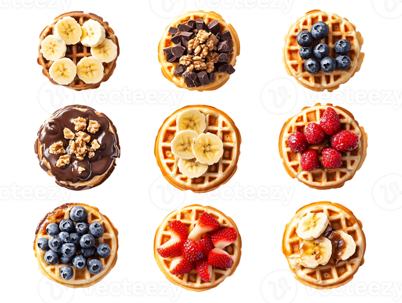 Colorful arrangement of waffles topped with fruits and chocolate creating an appetizing and visually appealing breakfast masterpiece png