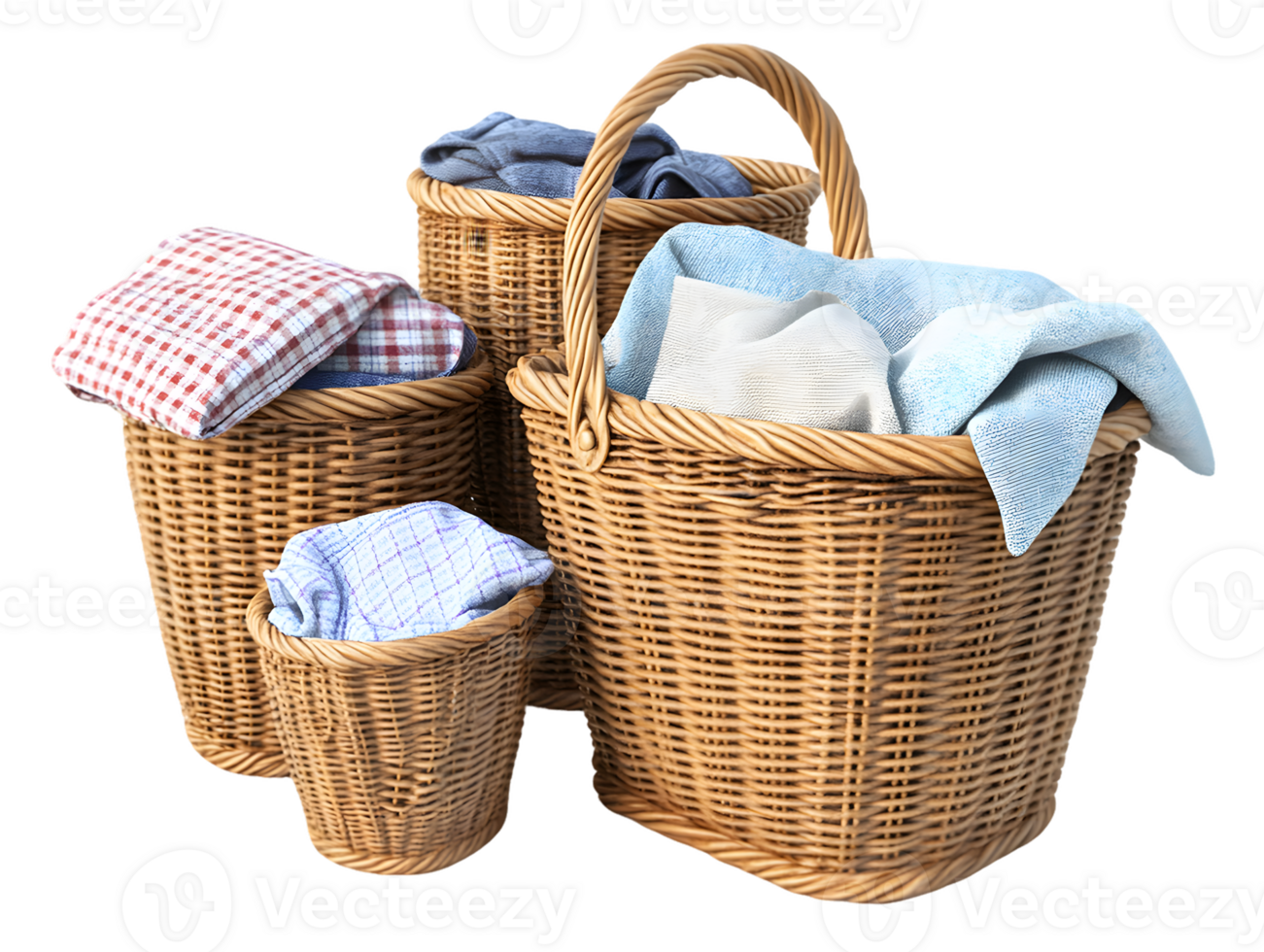 Collection of woven wicker baskets filled with neatly folded textiles in various shades of blue and checkered patterns creating a cozy home atmosphere png