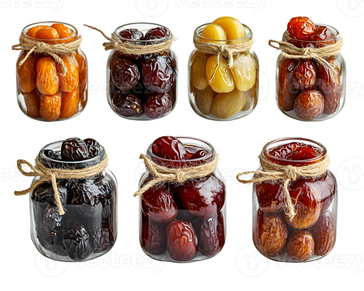 Colorful assortment of jars filled with assorted candied fruits tied with rustic twine showcasing vibrant textures and natural sweetness for a delightful presentation in any setting png