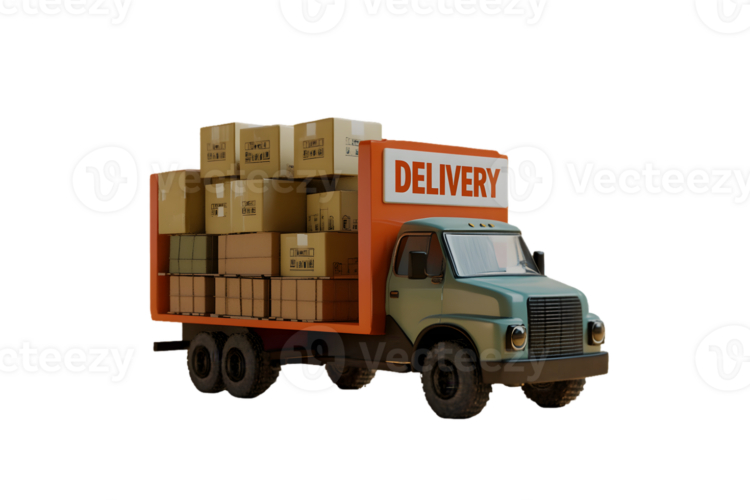 Stylized delivery truck loaded with cardboard boxes showcasing a prominent delivery sign in soft colors for a friendly appearance png