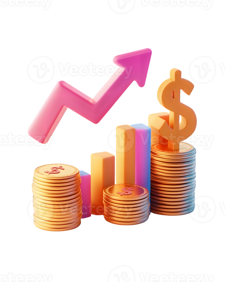 Dynamic representation of financial growth with colorful bars and coins symbolizing increasing profits and market progress in a modern business context png