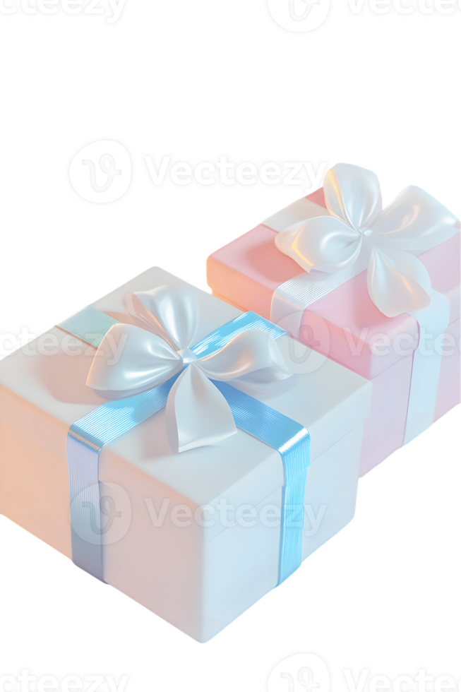 Elegant presentation of two beautifully wrapped gift boxes in pastel colors with a pink box adorned with a white bow and a white box finished with a blue ribbon, perfect for any celebration. png