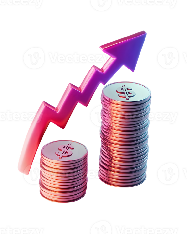 Dynamic representation of financial growth featuring colorful stacks of coins and an upward pointing arrow illustrating increasing profits and investment opportunities png