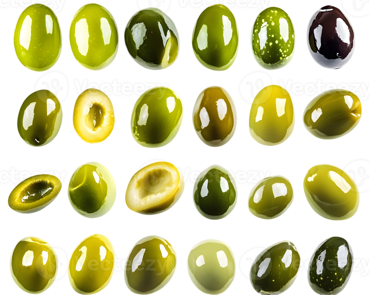 Diverse assortment of various olives featuring shiny surfaces and vibrant colors highlighting different shapes and shades for culinary use and healthy snacking png