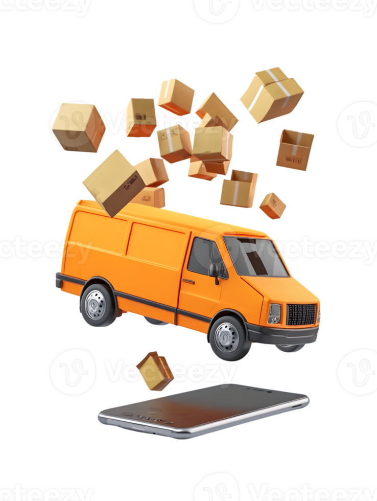 Dynamic scene with vibrant orange delivery van surrounded by flying cardboard boxes symbolizing modern logistics and digital commerce innovations png