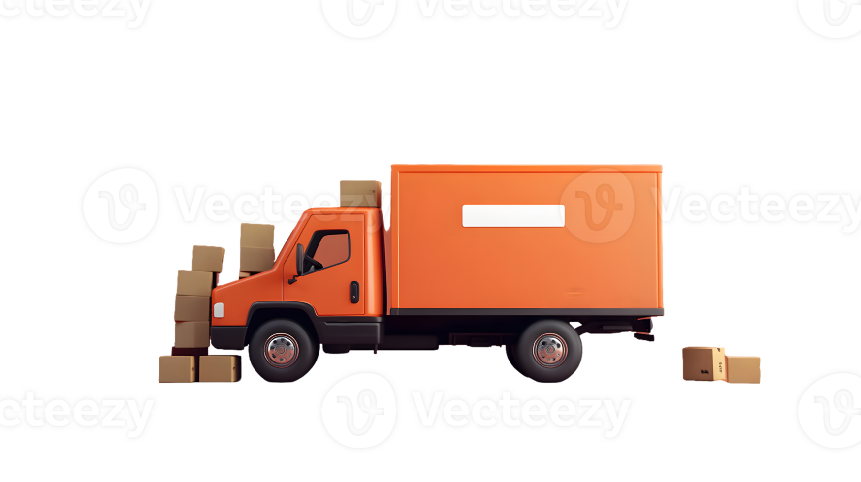 Orange delivery truck loaded with cardboard boxes ready for transport in an outdoor setting with emphasis on logistics and distribution operations. png