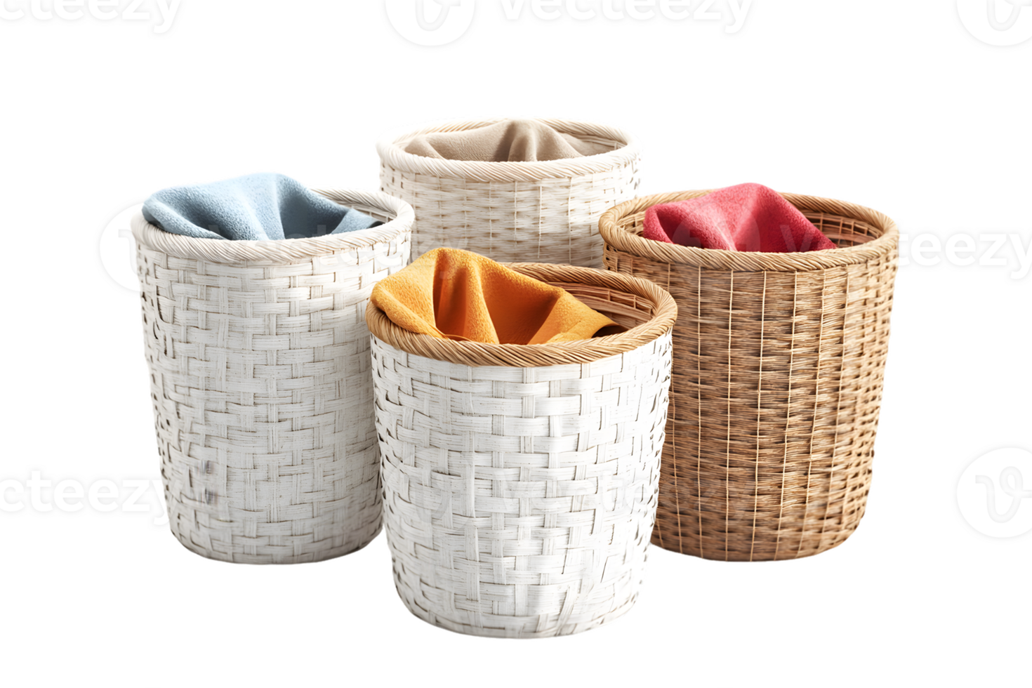 Four decorative wicker storage baskets filled with colorful soft fabric creating an organized and stylish display for home decor png
