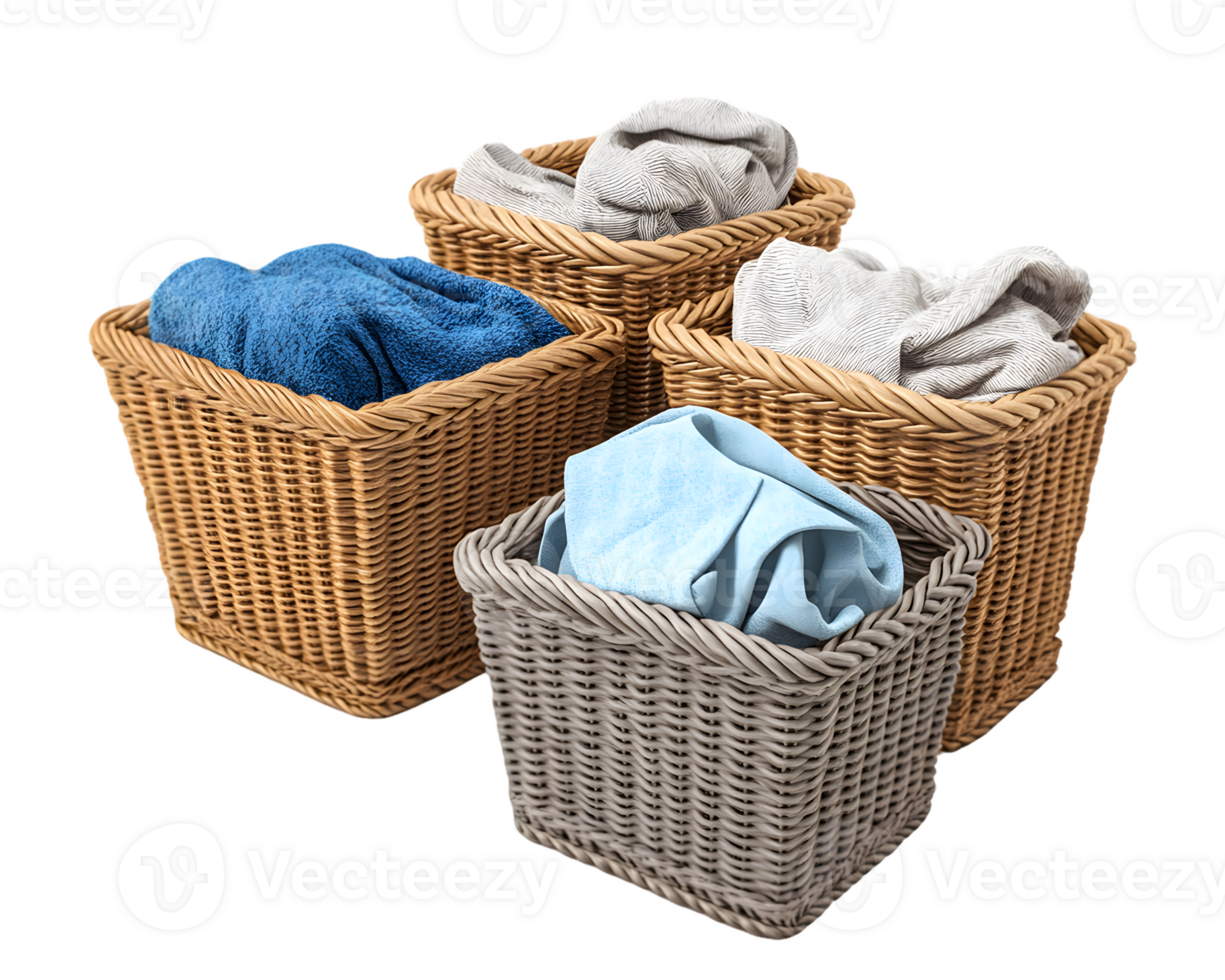 Four woven baskets filled with colorful towels in an organized laundry setup showcasing neat and tidy domestic decor solutions. png