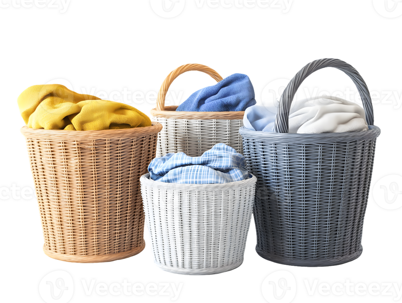 Four beautifully woven baskets filled with vibrant blankets in shades of yellow, blue, and white perfectly arranged for a cozy and organized home atmosphere. png