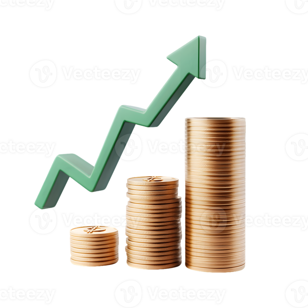 Stacks of gold coins showing upward trend with arrow symbolizing financial growth and success in investment and economy png