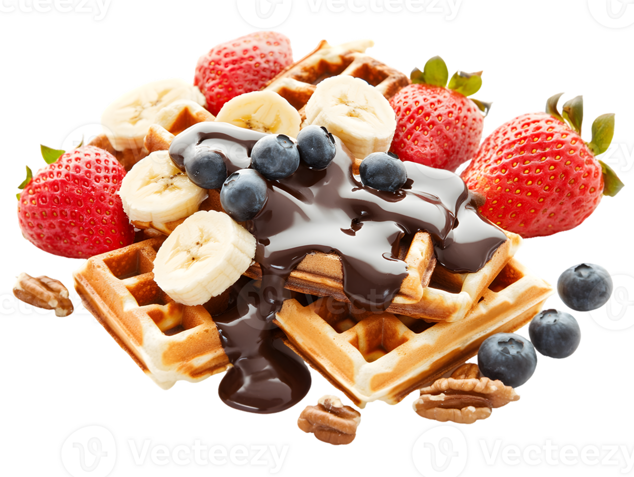 Indulgent waffles topped with fresh strawberries, blueberries, and banana slices drizzled with rich chocolate sauce and garnished with pecans for a delightful breakfast experience png