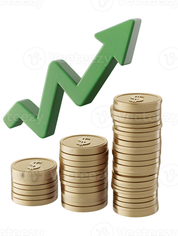 Stacks of golden coins with green upward arrow symbolizing financial growth and prosperity in an optimistic economic landscape png