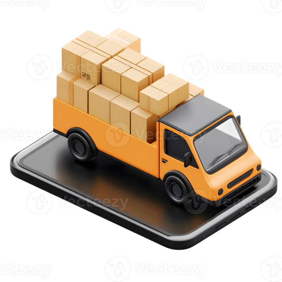 Stylized delivery truck loaded with cardboard boxes on a reflective platform highlighting modern logistics and transportation solutions in vibrant yellow and black tones. png