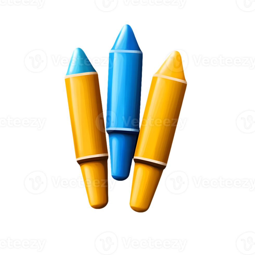 Three vibrant crayons in bright blue and yellow colors arranged playfully to inspire creativity and artistic expression for children and art enthusiasts in educational settings png