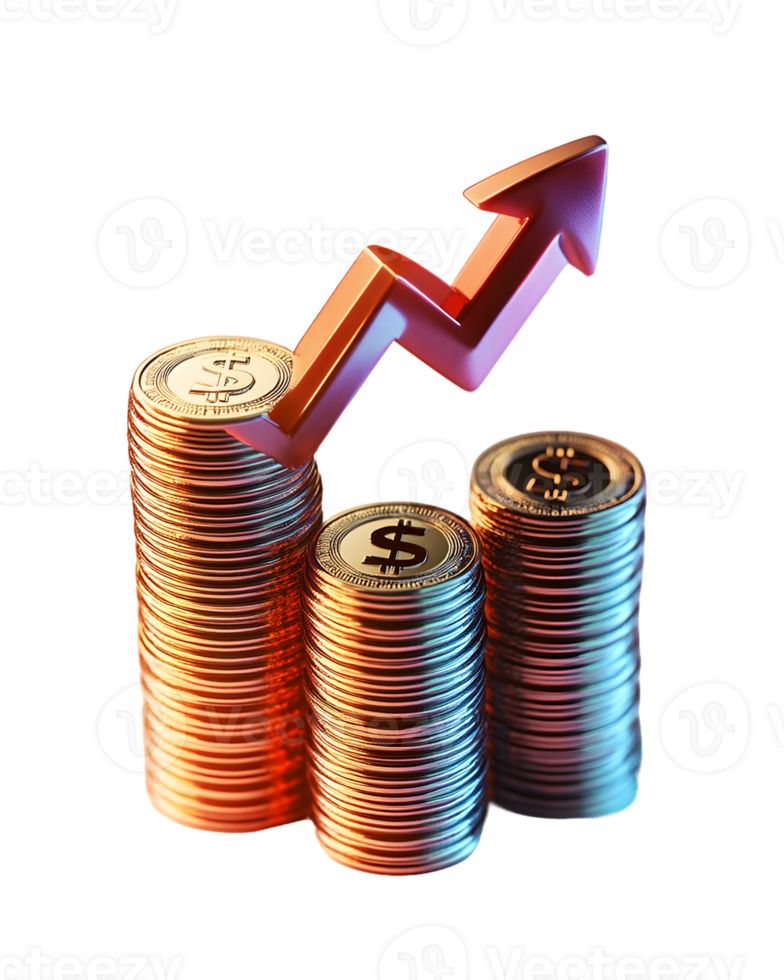 Stacks of shiny coins with a vibrant upward arrow symbolizing financial growth and success in investment strategies and wealth management. png