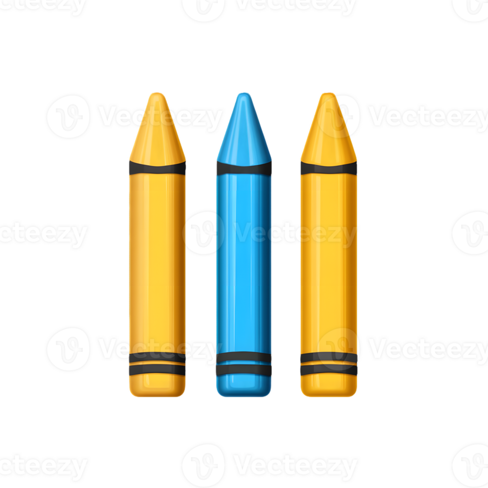 Vibrant arrangement of three crayons in bright blue and rich yellow colors representing creativity and playful artistic expression. png