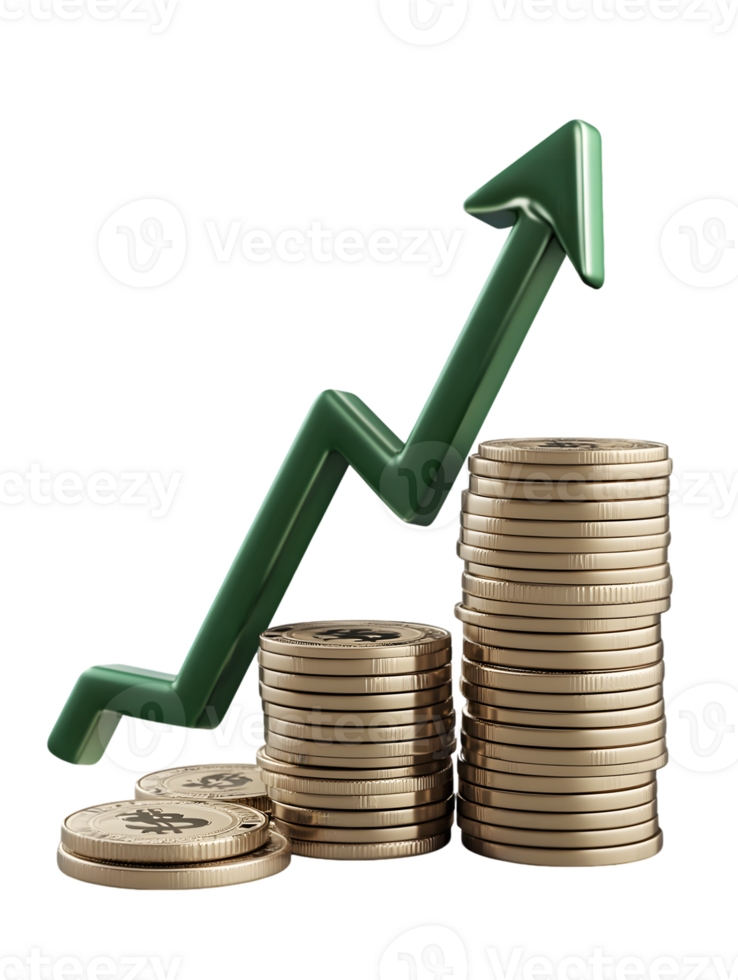 Symbolizing financial growth and prosperity a green upward arrow rises above stacks of shiny gold coins reflecting success in investments and wealth accumulation png