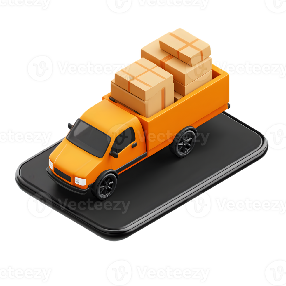 Vibrant orange delivery truck loaded with boxes positioned on a sleek smartphone symbolizing the intersection of technology and logistics in modern delivery services png
