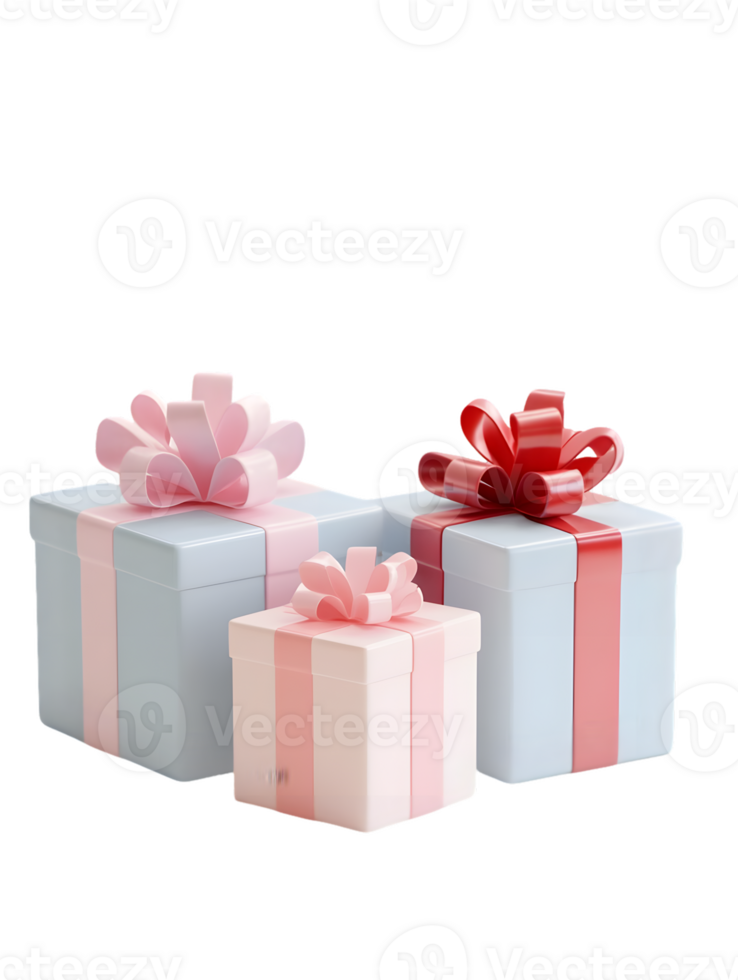 Three festive gift boxes in pastel shades with colorful bows and ribbons creating a cheerful atmosphere for special occasions and celebrations. png