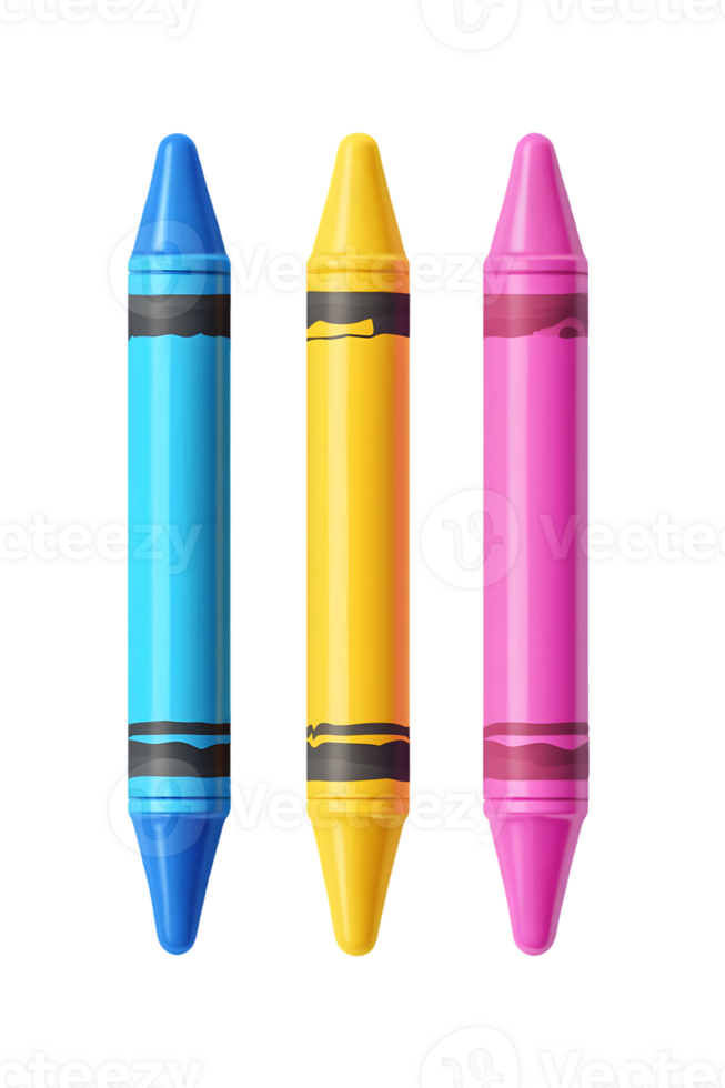 Three vibrant crayons in blue yellow and pink showcasing creativity and fun in artistic activities for children and art projects png