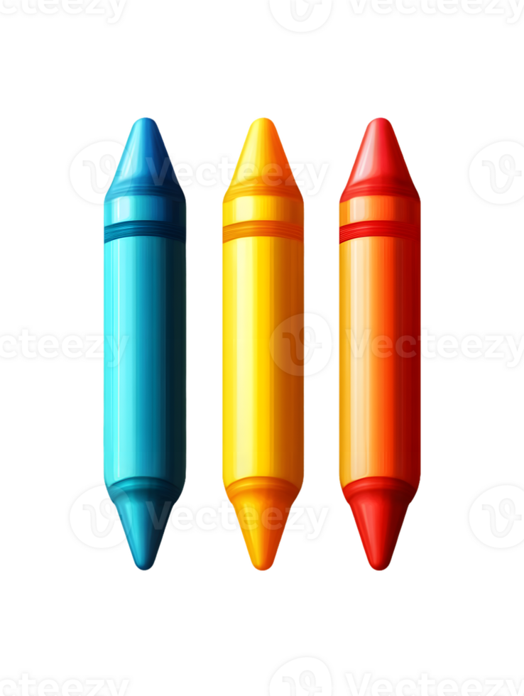 Three vibrant crayons in bright blue yellow and red arranged neatly promoting creativity and artistic expression png