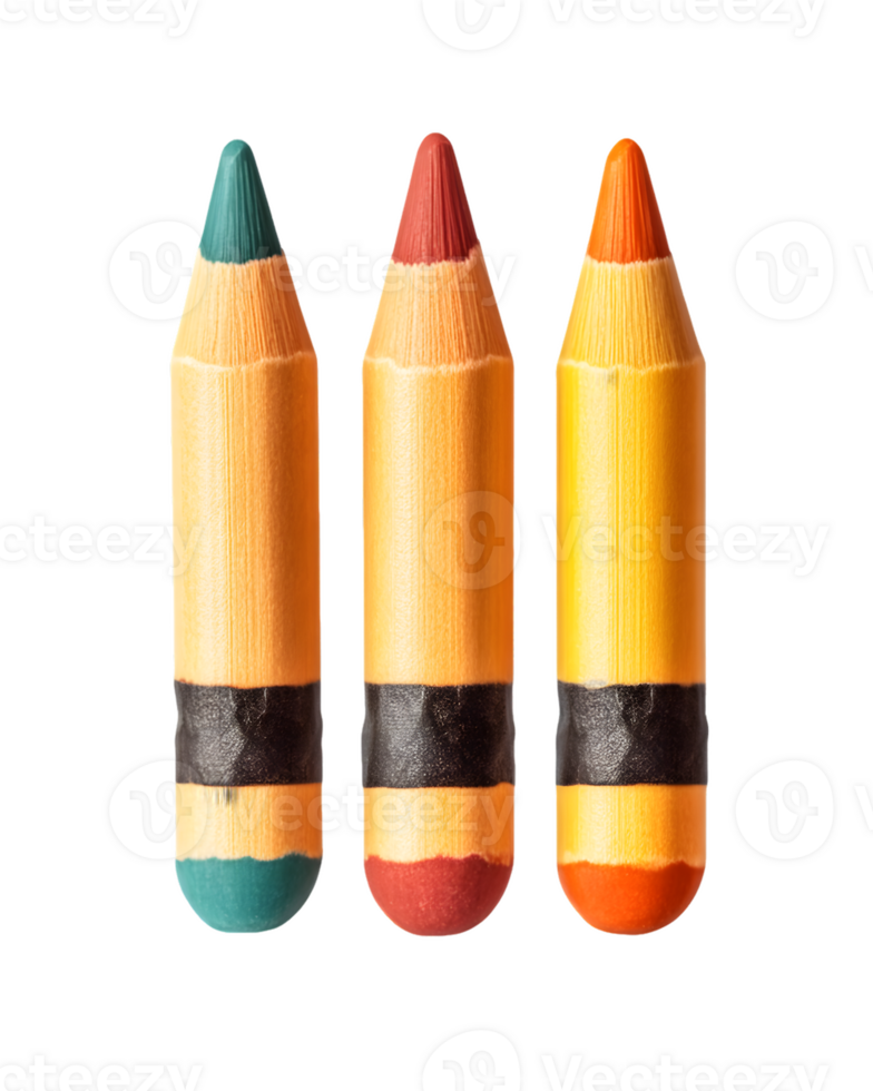 Three vibrant colored crayons in teal, red, and orange showcasing their unique wooden texture designed for creative expression and artistic projects png