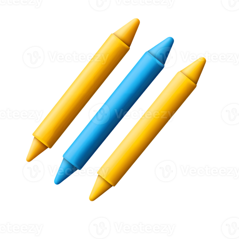Vibrant arrangement of three bright crayons in blue and yellow colors promoting creativity and artistic expression in children's art projects and education. png
