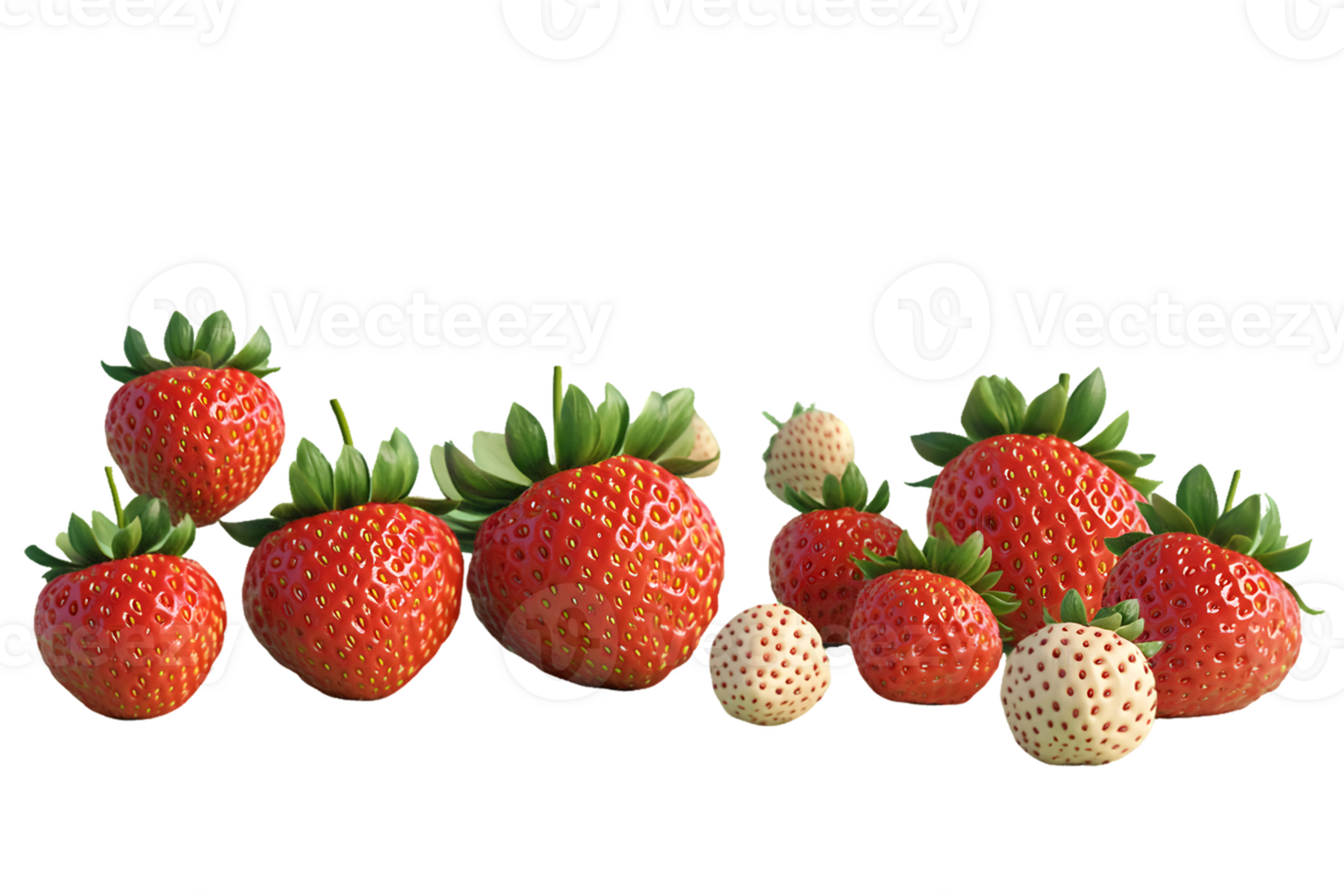 Variety of strawberries in different ripeness showcasing vibrant red and white hues with fresh green leaves accentuating the natural and appetizing display of this popular fruit png