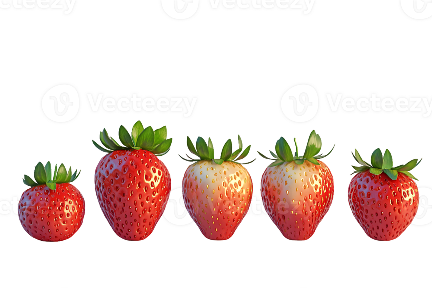 Vibrant arrangement of five strawberries showcasing varying sizes and ripeness highlighting freshness and summer appeal in a clean setting png