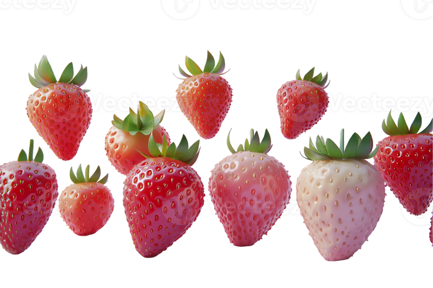 Vibrant assortment of fresh strawberries showcasing shades from deep red to pale pink arranged elegantly to highlight their distinct shapes and textures with refreshing green tops. png