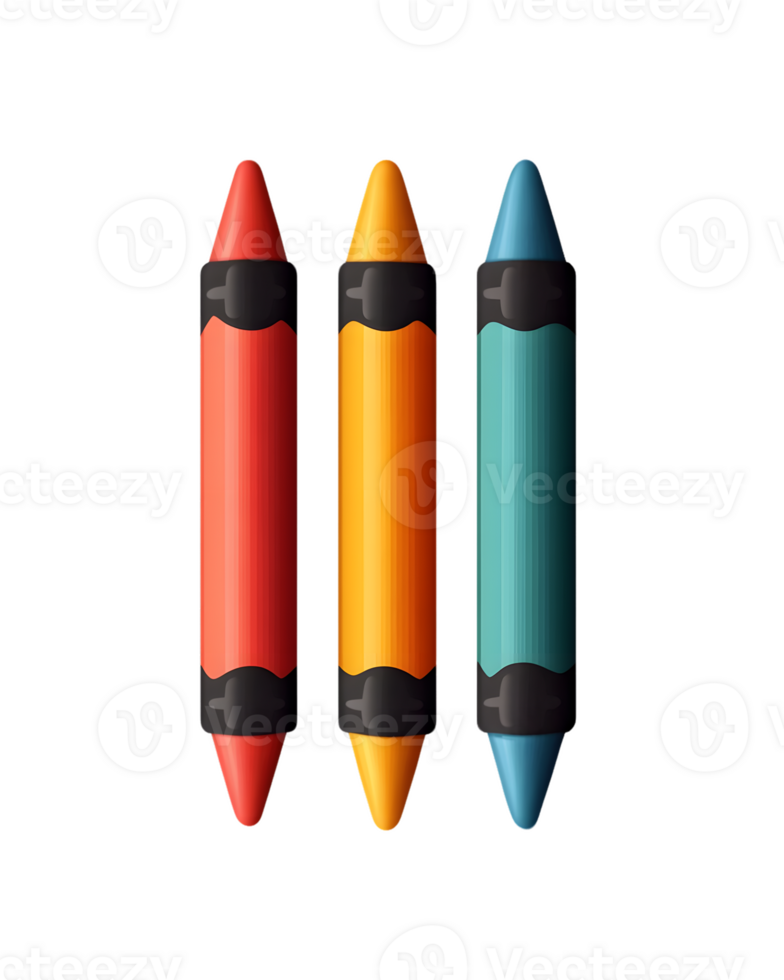 Vibrant trio of crayons in red, orange, and teal arranged to symbolize creativity and artistic expression with bright colors inspiring imagination and art png