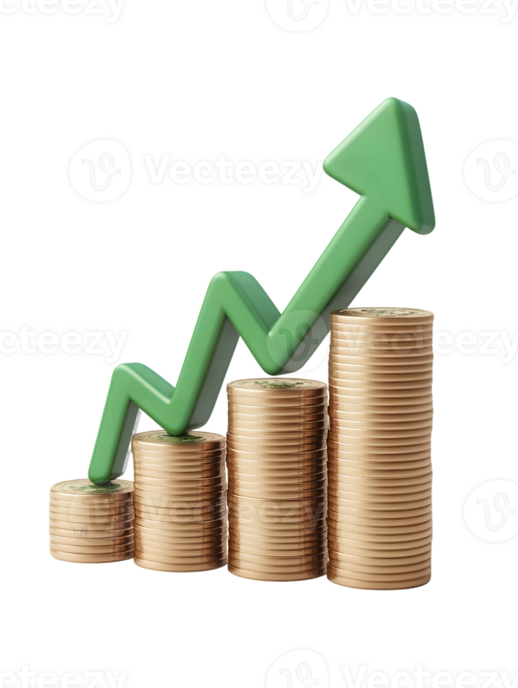 Visual representation of financial growth with ascending stacks of golden coins alongside a bold green arrow pointing upward to symbolize increasing wealth and investment success png