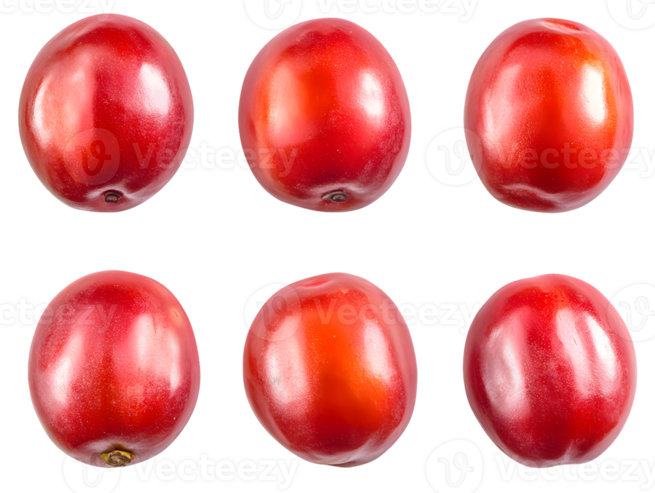 Vibrant close-up display of six fresh red plums showcasing smooth skin and varying shades of red emphasizing natural freshness and ripeness suitable for healthy eating. png