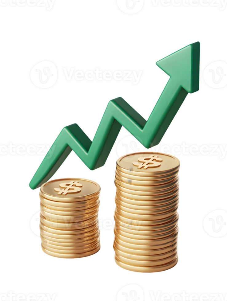 Visual representation of financial growth with stacks of coins and a green upward trend indicating increasing wealth and economic prosperity png