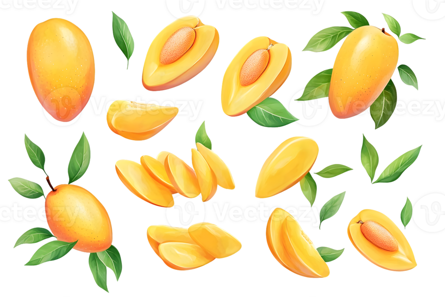 Vibrant collection of ripe yellow mangoes and fresh slices surrounded by lush green leaves showcasing the juiciness and tropical essence of this delicious fruit png