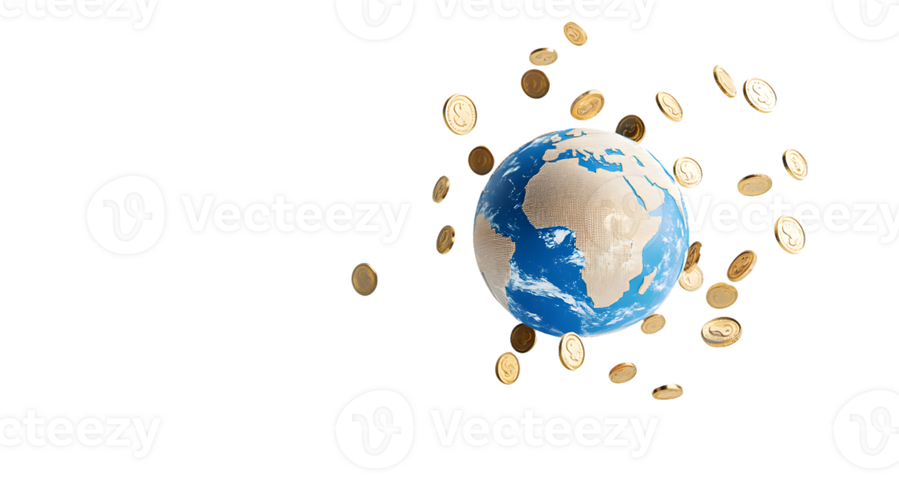 3D illustration of a globe surrounded by swirling golden coins representing wealth and prosperity in a dynamic visual of global finance and economic growth png