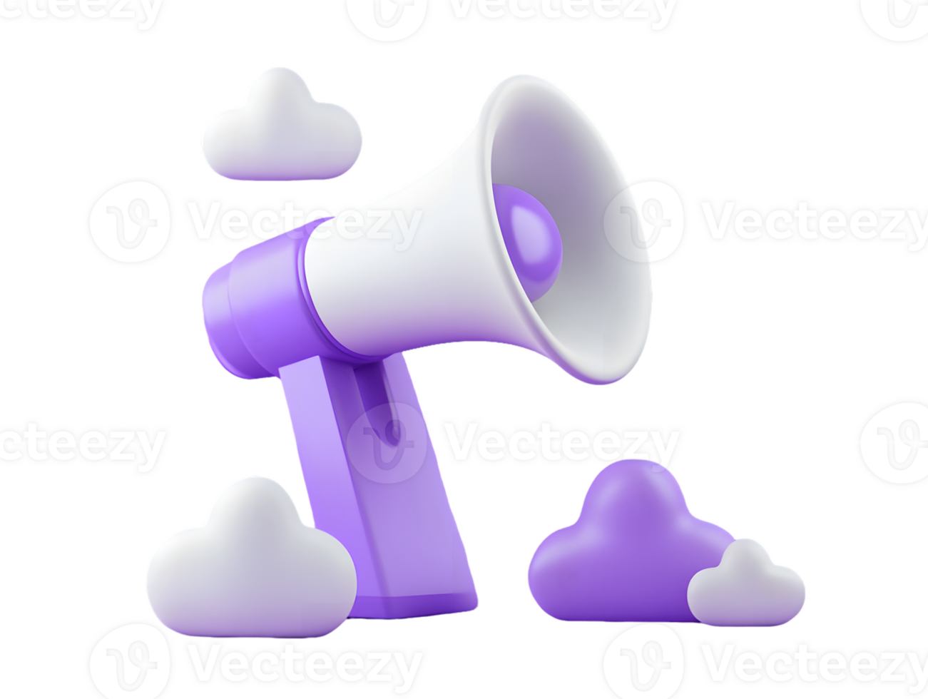 3D rendering of a purple megaphone surrounded by fluffy clouds symbolizing effective communication and announcements in a vibrant and creative design png