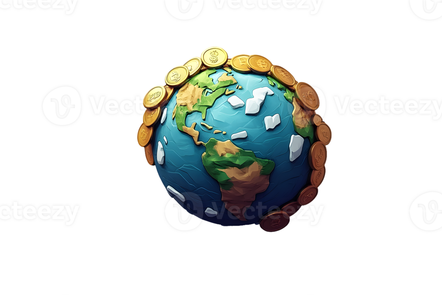 Artistic representation of Earth encircled by coins highlighting themes of finance and the global economy while emphasizing environmental sustainability png