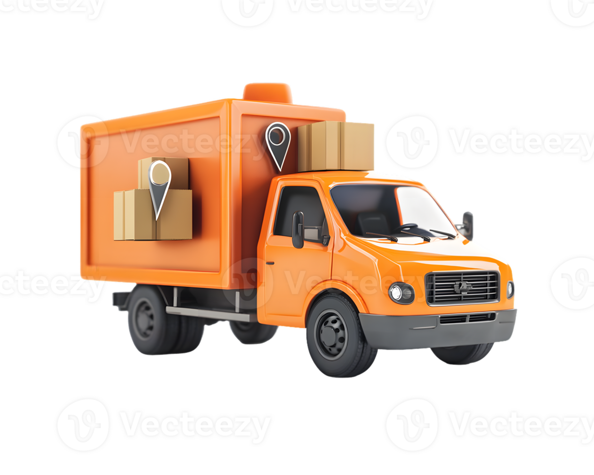 Bright orange delivery truck loaded with cardboard boxes and location markers representing efficient logistics and transportation services png