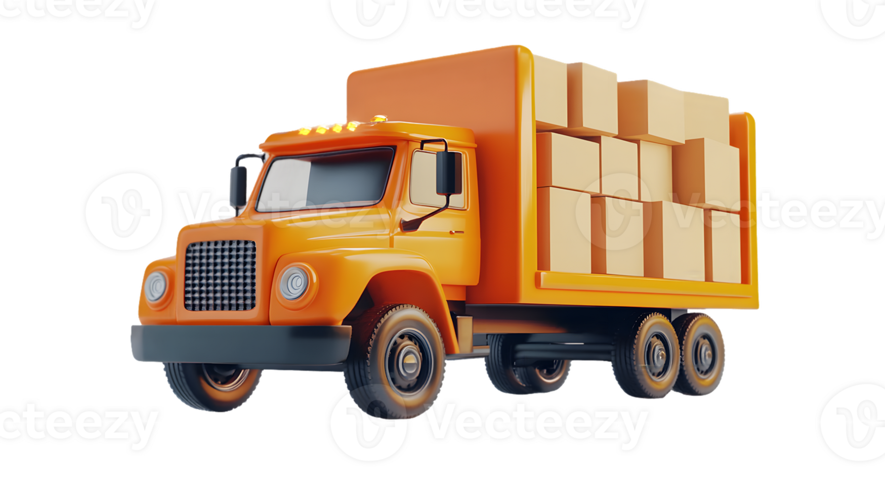 Bright orange delivery truck loaded with cardboard boxes transporting goods in a dynamic urban transportation scene png
