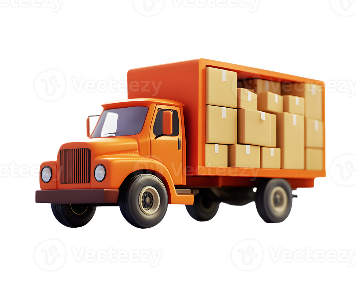 Bright orange delivery truck filled with cardboard boxes ready for transport against a simple background emphasizing efficiency and logistics png