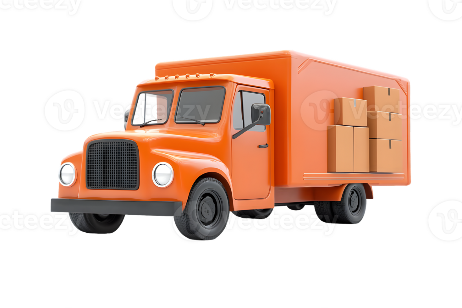 Bright orange delivery truck parked with cardboard boxes showcasing transportation theme in an urban setting png