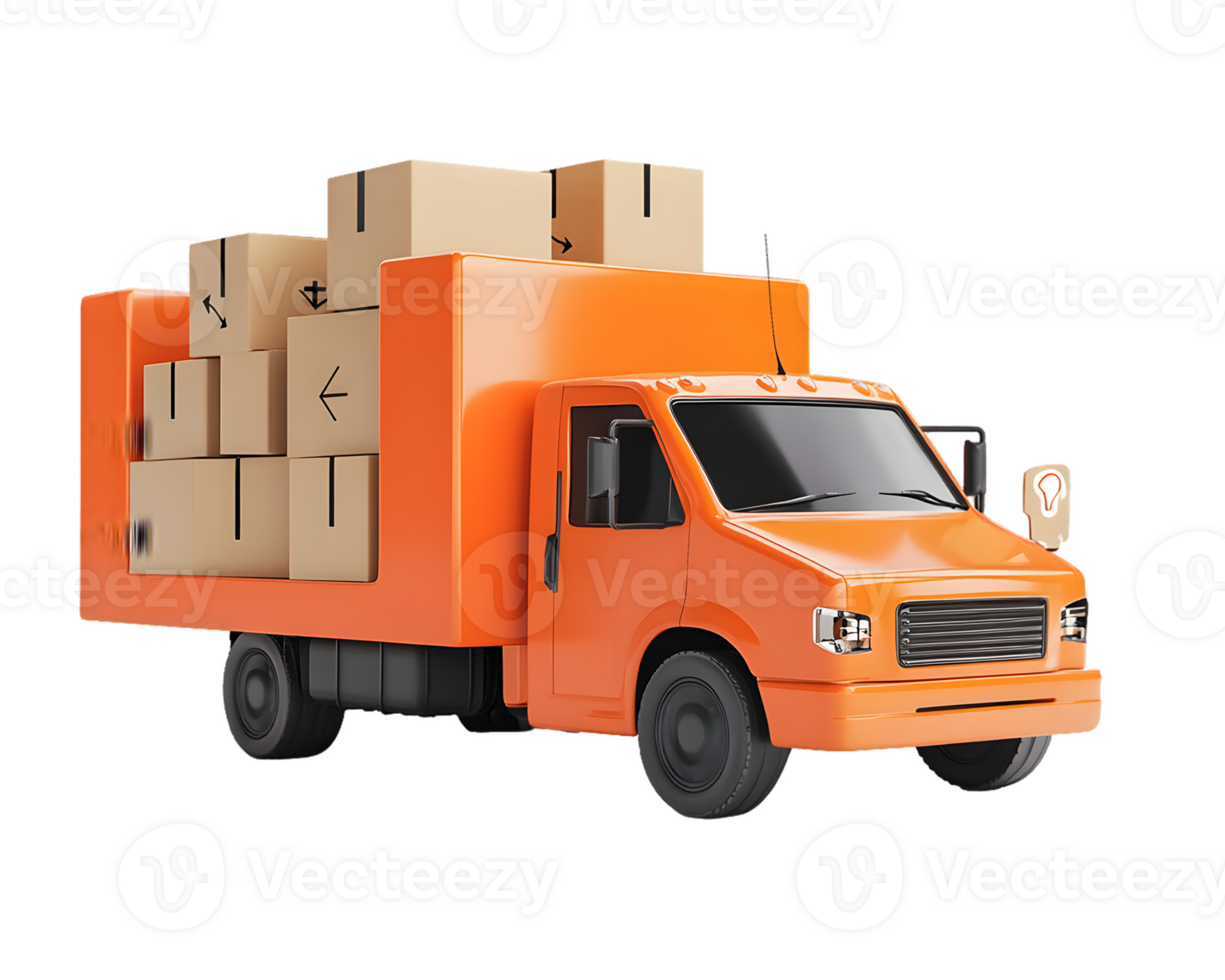 Bright orange delivery truck filled with cardboard boxes parked on a clean surface symbolizing efficient logistics and transportation services png