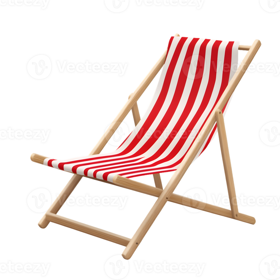Classic wooden deck chair with red and white striped fabric inviting relaxation on a sunny beach or in a garden setting perfect for summer leisure png