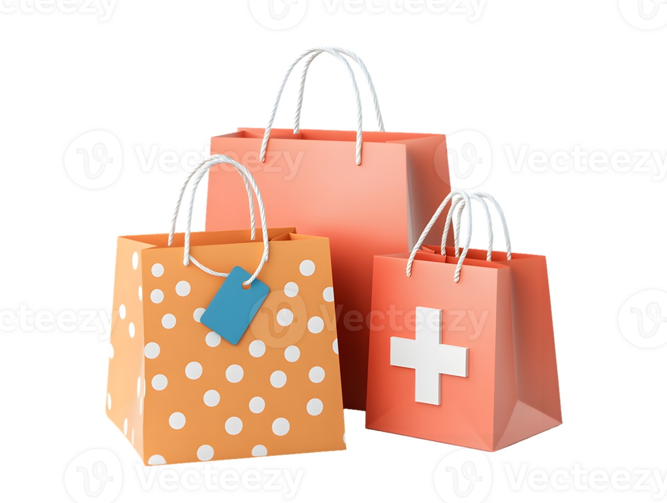 Colorful collection of playful shopping bags featuring polka dots and solid colors resting side by side on a bright white background evoking a joyful shopping experience png